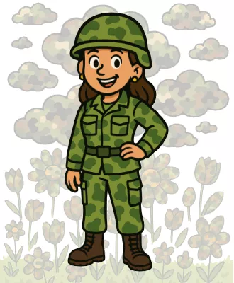 Eine Soldatin auf einer Fleckentarnwiese mit Fleckentarnwolken